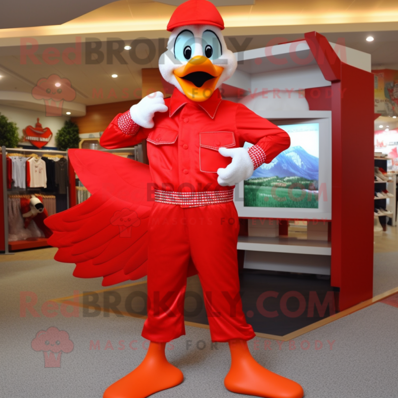 Red Geese mascot costume character dressed with a Capri Pants and Gloves Red Geese mascot costume character dressed with a Capri Pants and Gloves