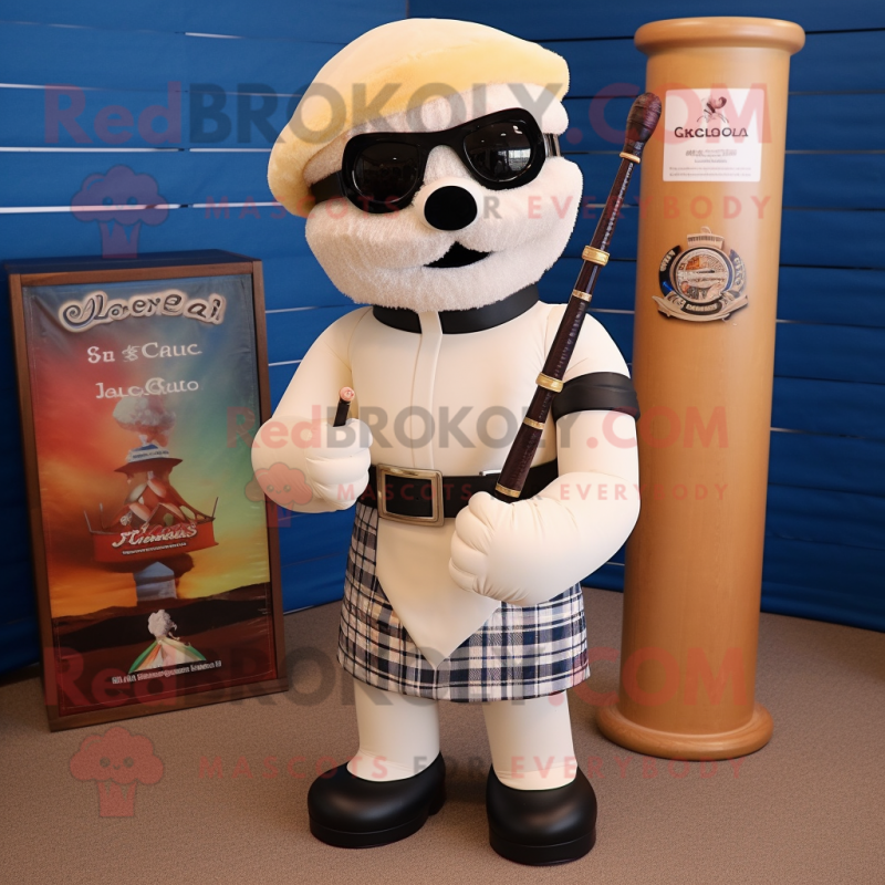 Cream Bagpipe mascot costume character dressed with a Rash Guard and Sunglasses Cream Bagpipe mascot costume character dressed with a Rash Guard and Sunglasses