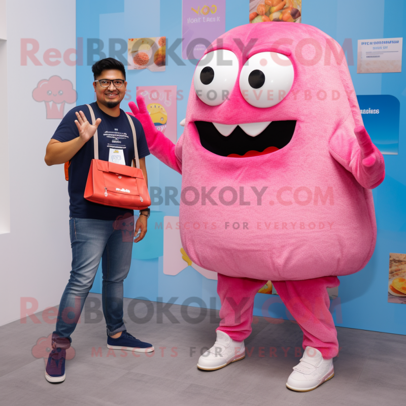 Pink Ceviche mascot costume character dressed with a Boyfriend Jeans and Wallets Pink Ceviche mascot costume character dressed with a Boyfriend Jeans and Wallets