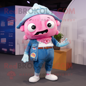 Pink Ceviche mascot costume character dressed with a Boyfriend Jeans and Wallets