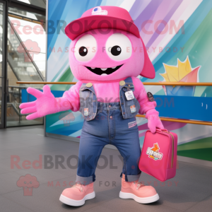 Pink Ceviche mascot costume character dressed with a Boyfriend Jeans and Wallets