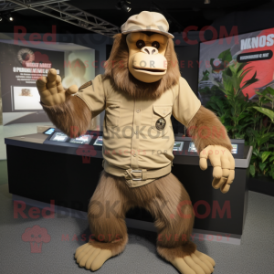 Tan Gorilla mascot costume character dressed with a V-Neck Tee and Berets