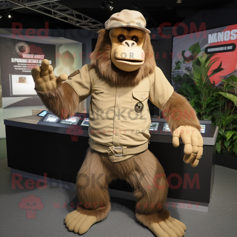 Tan Gorilla mascot costume character dressed with a V-Neck Tee and Berets Tan Gorilla mascot costume character dressed with a V-Neck Tee and Berets