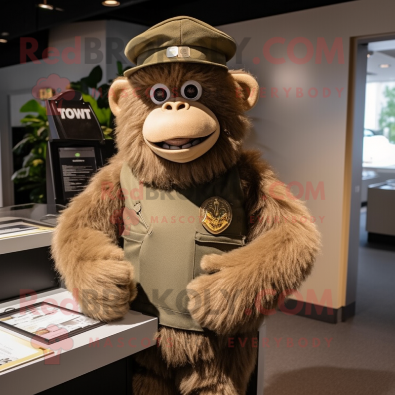 Tan Gorilla mascot costume character dressed with a V-Neck Tee and Berets Tan Gorilla mascot costume character dressed with a V-Neck Tee and Berets