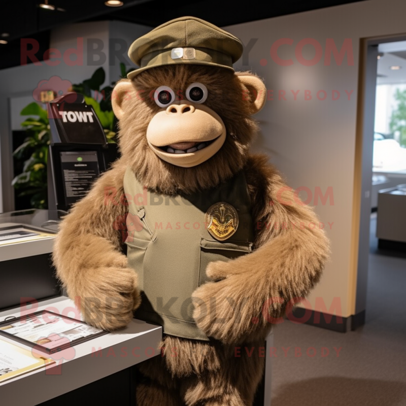 Tan Gorilla mascot costume character dressed with a V-Neck Tee and Berets