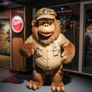 Tan Gorilla mascot costume character dressed with a V-Neck Tee and Berets