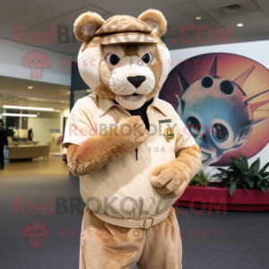 Beige Puma mascot costume character dressed with a Corduroy Pants and Cufflinks