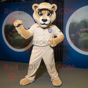 Beige Puma mascot costume character dressed with a Corduroy Pants and Cufflinks