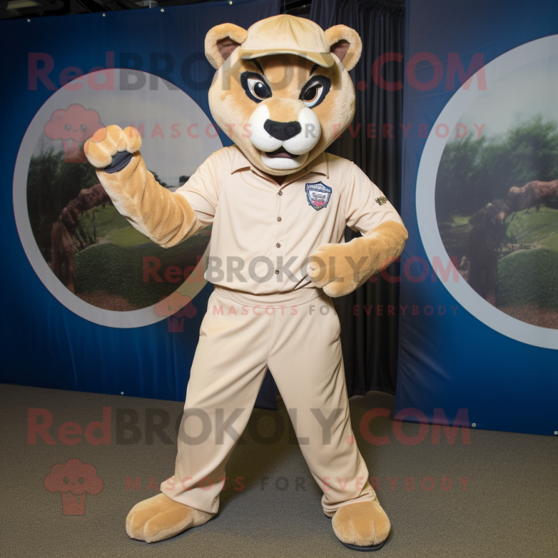 Beige Puma mascot costume character dressed with a Corduroy Pants and Cufflinks Beige Puma mascot costume character dressed with a Corduroy Pants and Cufflinks