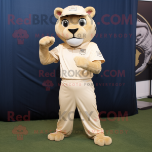 Beige Puma mascot costume character dressed with a Corduroy Pants and Cufflinks