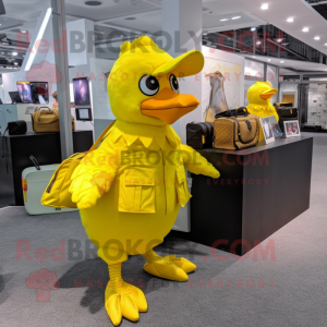 Yellow Chicken mascot costume character dressed with a Jumpsuit and Messenger bags