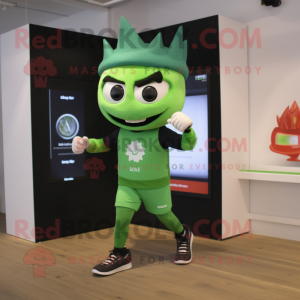 Green Fire Eater mascot costume character dressed with a Joggers and Smartwatches