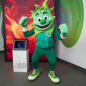 Green Fire Eater mascot costume character dressed with a Joggers and Smartwatches