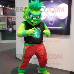 Green Fire Eater mascot costume character dressed with a Joggers and Smartwatches