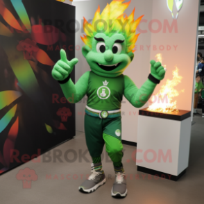 Green Fire Eater mascot costume character dressed with a Joggers and Smartwatches