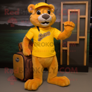 Yellow Jaguarundi mascot costume character dressed with a Cargo Shorts and Shoe laces