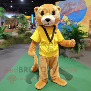 Yellow Jaguarundi mascot costume character dressed with a Cargo Shorts and Shoe laces