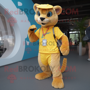 Yellow Jaguarundi mascot costume character dressed with a Cargo Shorts and Shoe laces