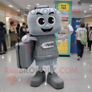 Gray Miso Soup mascot costume character dressed with a Mini Skirt and Briefcases