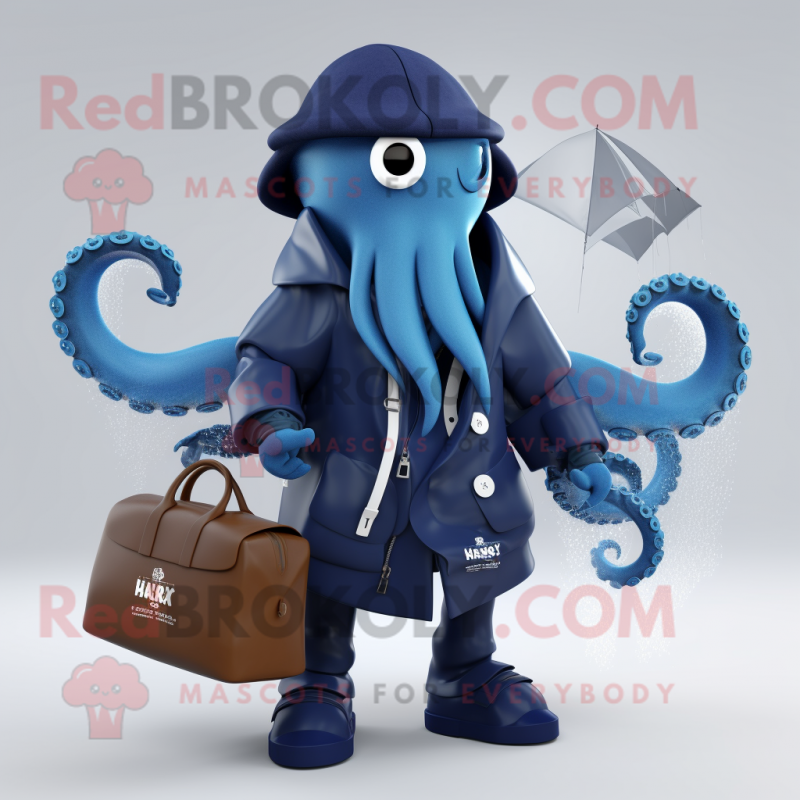 Navy Kraken mascot costume character dressed with a Raincoat and Handbags Navy Kraken mascot costume character dressed with a Raincoat and Handbags