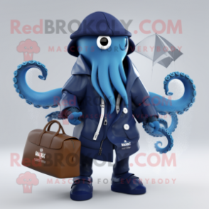 Navy Kraken mascot costume character dressed with a Raincoat and Handbags
