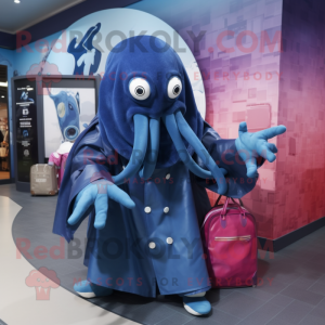 Navy Kraken mascot costume character dressed with a Raincoat and Handbags