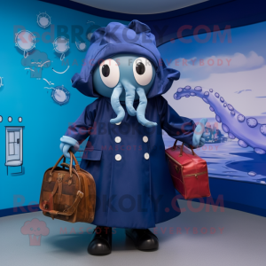 Navy Kraken mascot costume character dressed with a Raincoat and Handbags