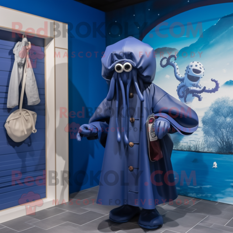 Navy Kraken mascot costume character dressed with a Raincoat and Handbags Navy Kraken mascot costume character dressed with a Raincoat and Handbags