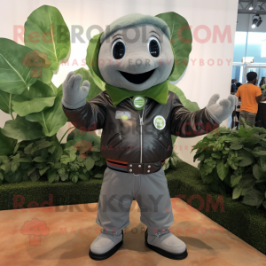 Gray Spinach mascot costume character dressed with a Leather Jacket and Keychains