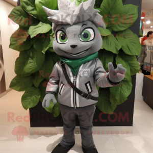 Gray Spinach mascot costume character dressed with a Leather Jacket and Keychains