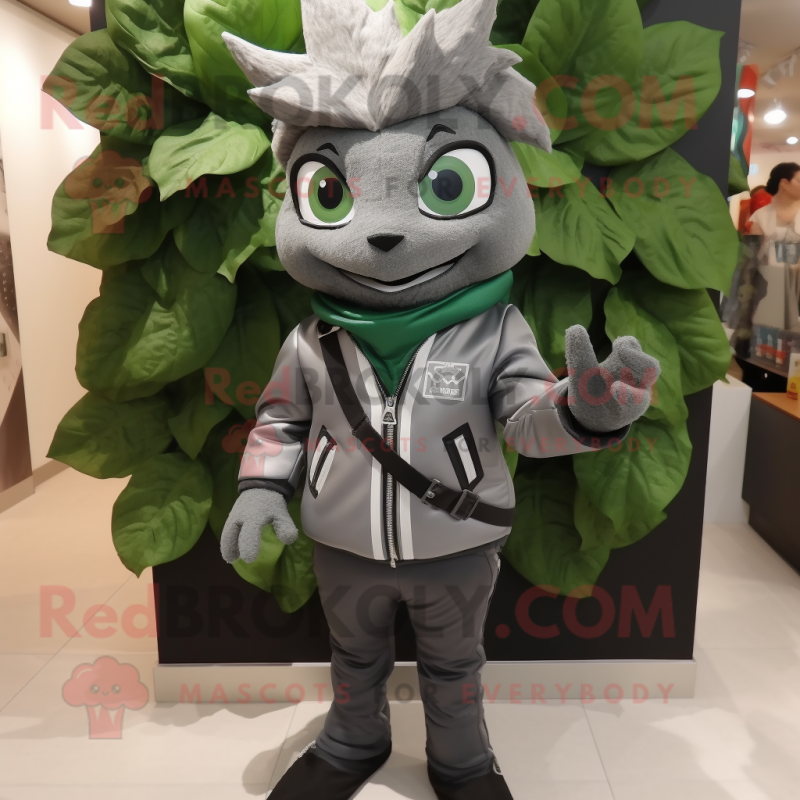 Gray Spinach mascot costume character dressed with a Leather Jacket and Keychains