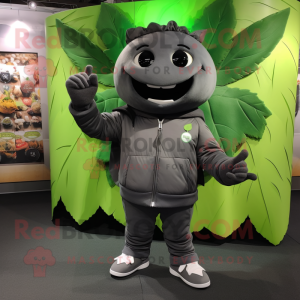 Gray Spinach mascot costume character dressed with a Leather Jacket and Keychains