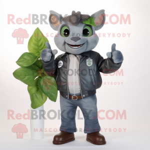 Gray Spinach mascot costume character dressed with a Leather Jacket and Keychains