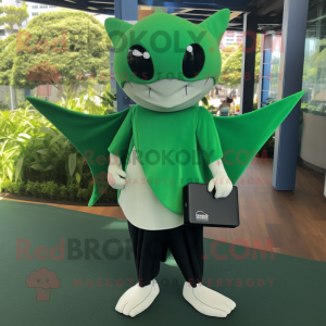 Forest Green Manta Ray mascot costume character dressed with a Henley Shirt and Clutch bags