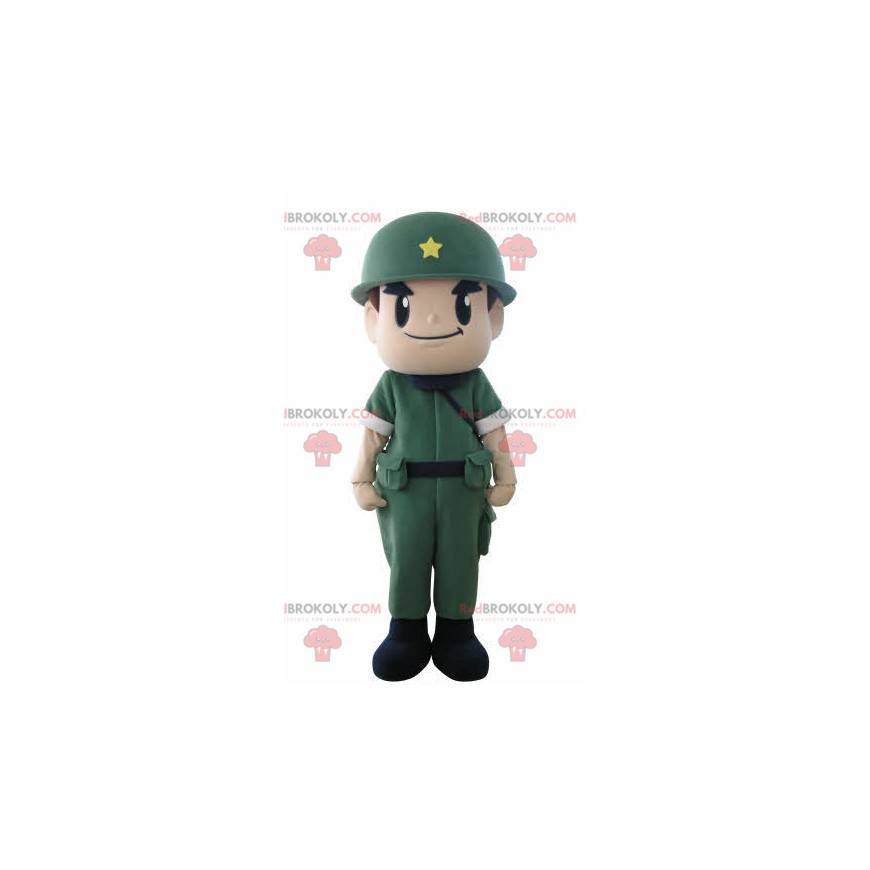 Mascota de soldado militar con uniforme y casco. -