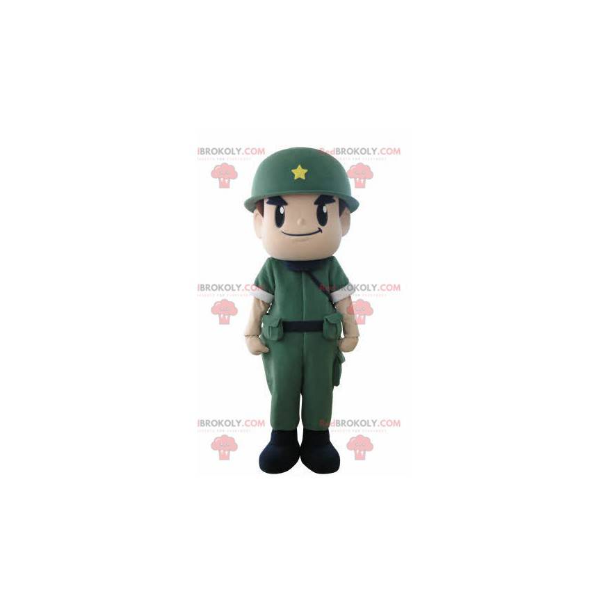 Mascote do soldado militar com uniforme e capacete -
