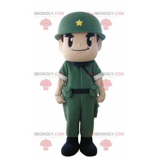 Mascotte de soldat de militaire avec un uniforme et un casque -