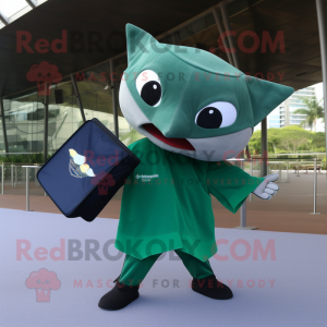 Forest Green Manta Ray mascot costume character dressed with a Henley Shirt and Clutch bags