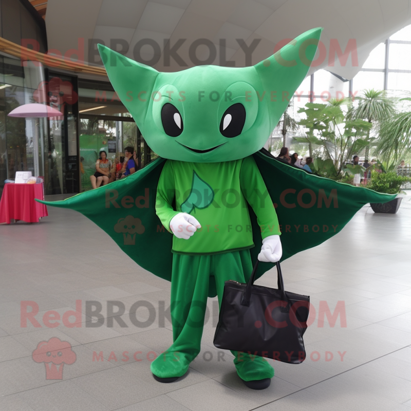 Forest Green Manta Ray mascot costume character dressed with a Henley Shirt and Clutch bags