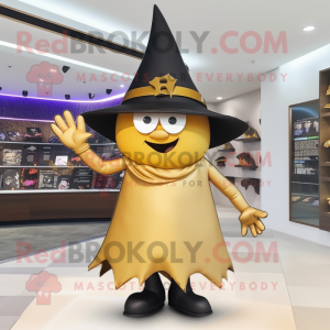 Gold Witch'S Hat mascot costume character dressed with a Tank Top and Tie pins