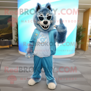 Sky Blue Say Wolf mascot costume character dressed with a Sweater and Sunglasses