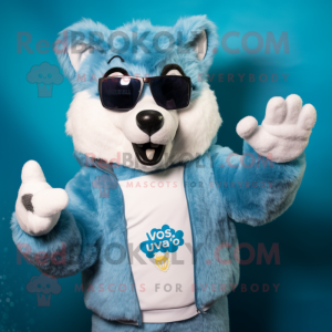 Sky Blue Say Wolf mascot costume character dressed with a Sweater and Sunglasses