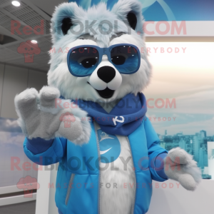 Sky Blue Say Wolf mascot costume character dressed with a Sweater and Sunglasses