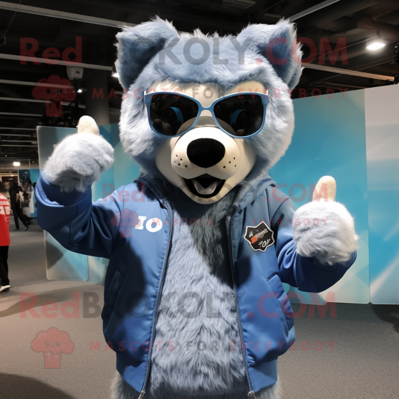 Sky Blue Say Wolf mascot costume character dressed with a Sweater and Sunglasses