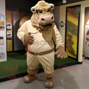 Cream Buffalo mascot costume character dressed with a Chinos and Foot pads