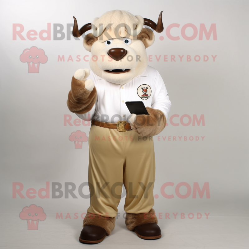 Cream Buffalo mascot costume character dressed with a Chinos and Foot pads Cream Buffalo mascot costume character dressed with a Chinos and Foot pads