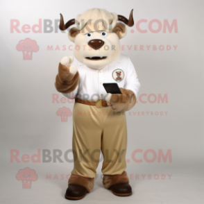 Cream Buffalo mascot costume character dressed with a Chinos and Foot pads