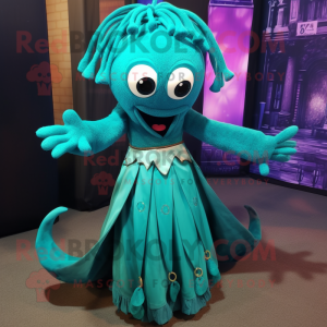 Teal Kraken mascot costume character dressed with a Pleated Skirt and Bracelets