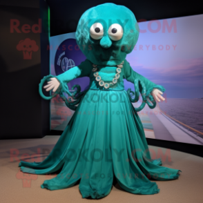 Teal Kraken mascot costume character dressed with a Pleated Skirt and Bracelets