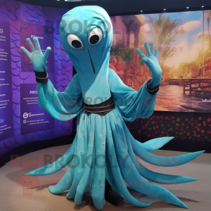 Teal Kraken mascot costume character dressed with a Pleated Skirt and Bracelets
